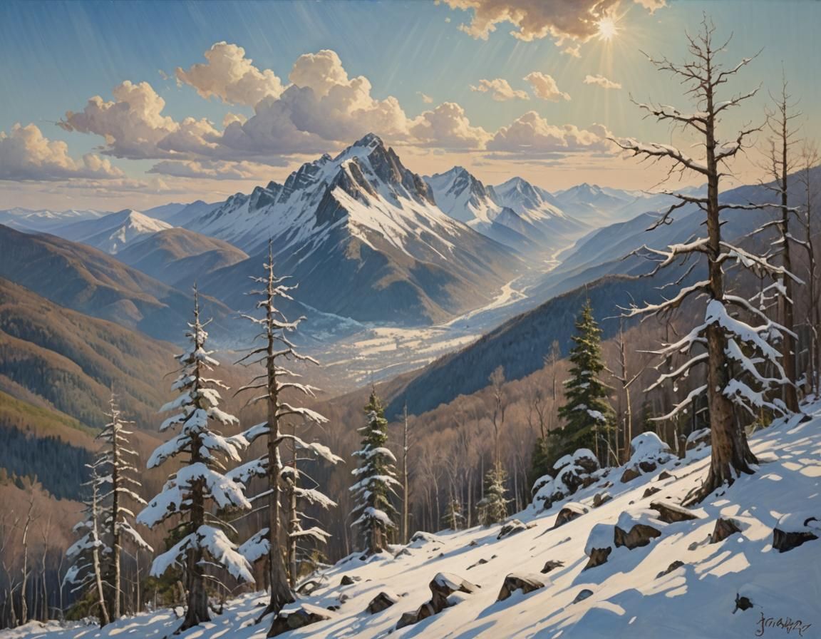 Spring Sunlight on High-Rise Mountain Peaks