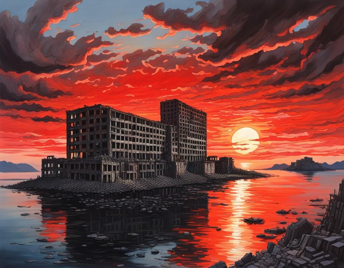 Hashima Island at Dusk: Hyperdetailed Painting