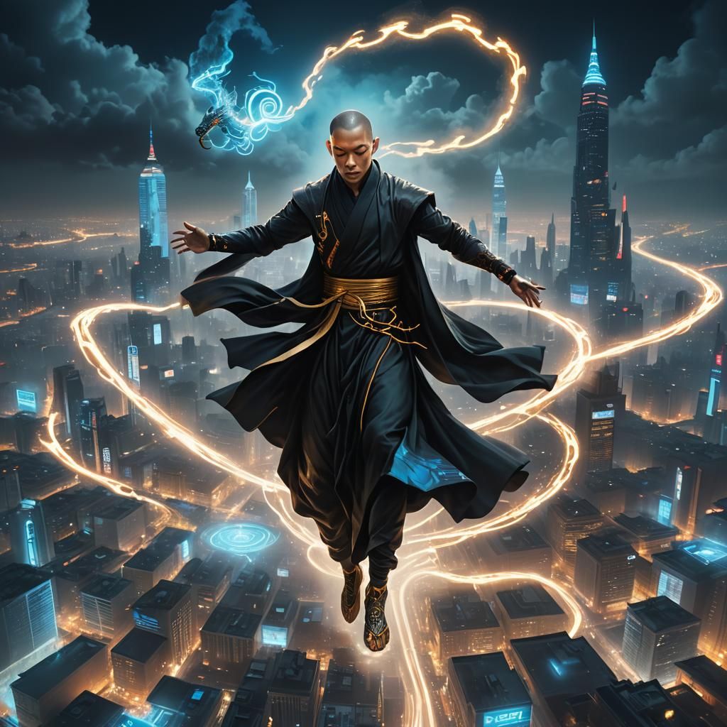 Cyberpunk Monk Meditating in Neon Cityscape