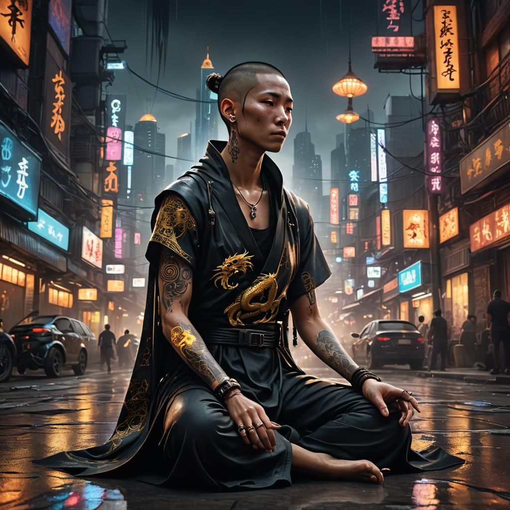 Cyberpunk Monk Meditating in Neon Cityscape