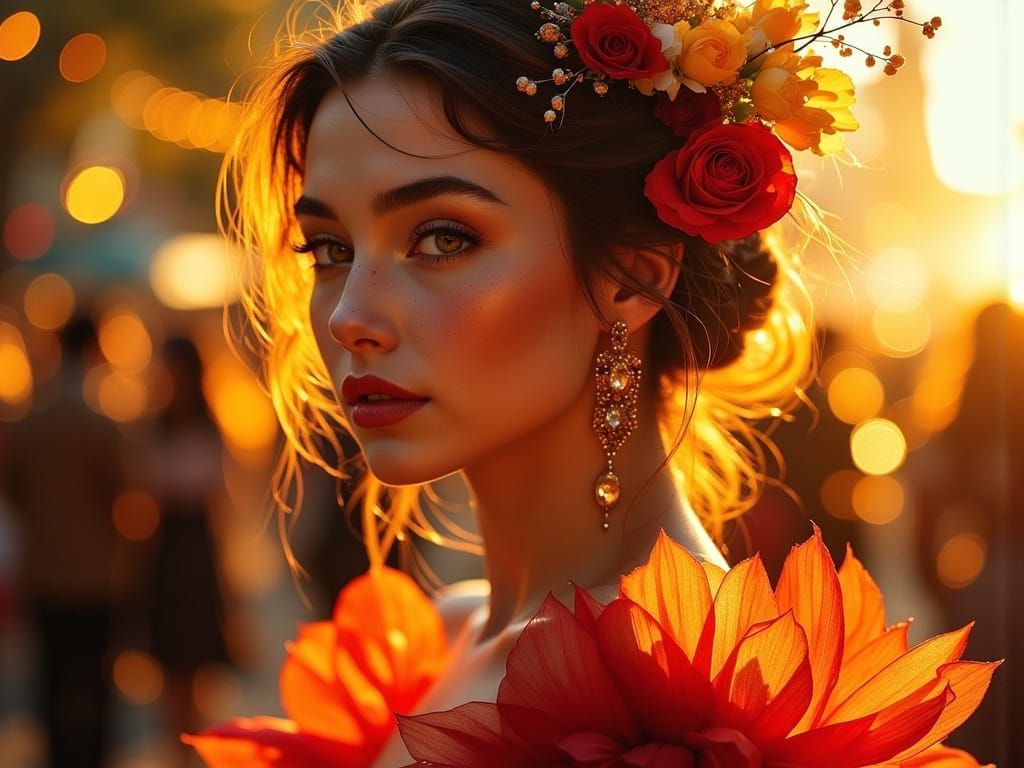Ethereal Art Nouveau Portrait in Vibrant Sunset Hues