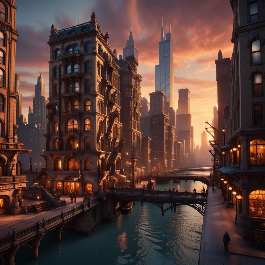 Chicago Sunset: Detailed Matte Painting in Deep Color