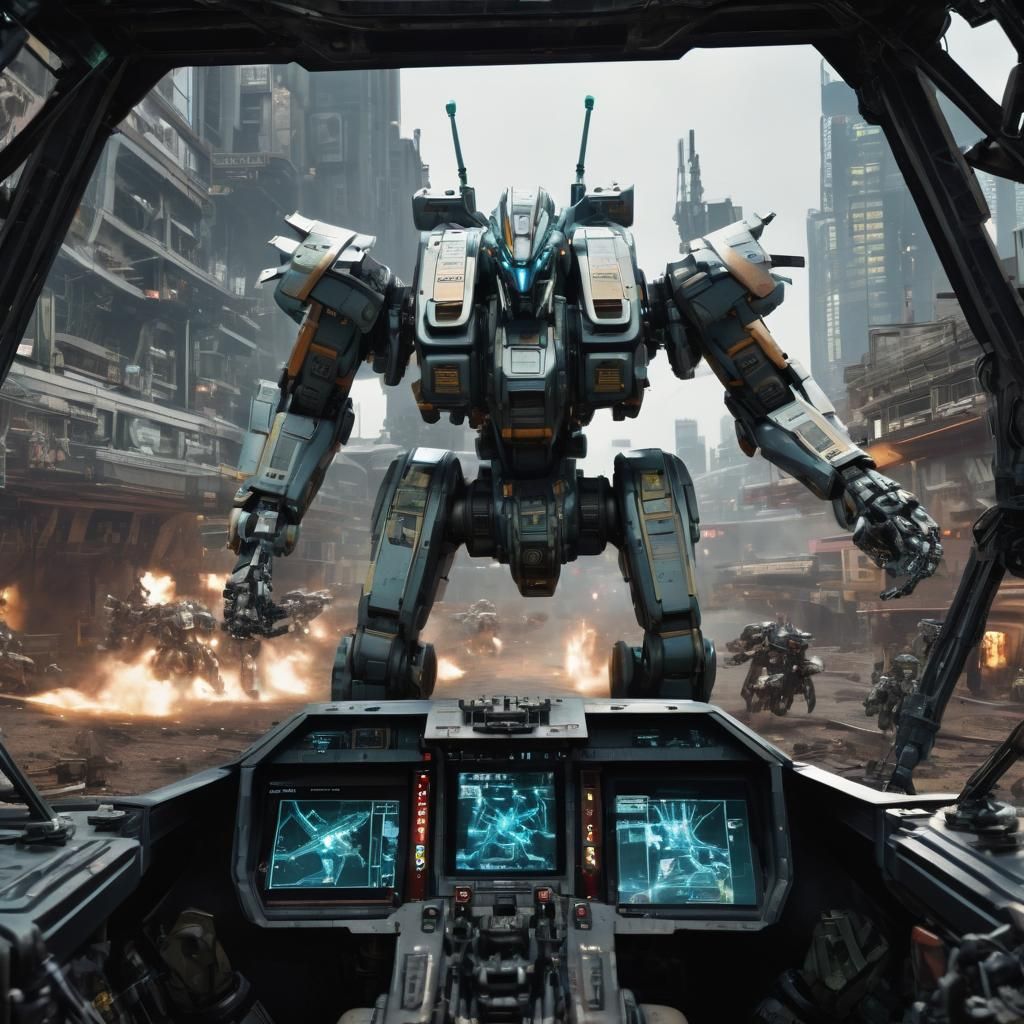 Mecha Cockpit View in Intense Battle Scene