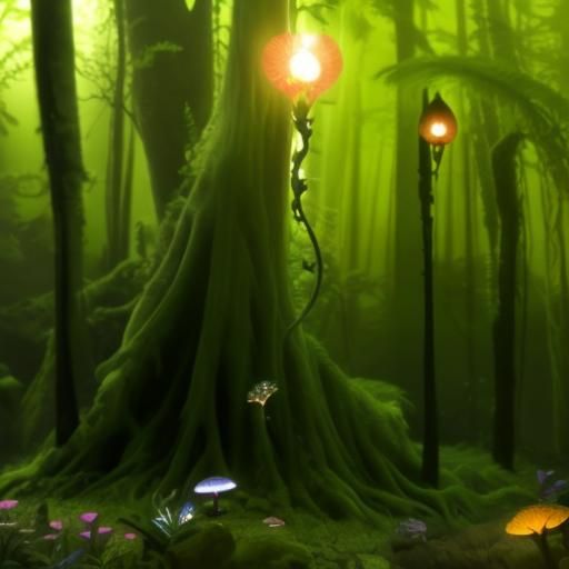 Lush Biopunk Forest with Cyborgs and Animals
