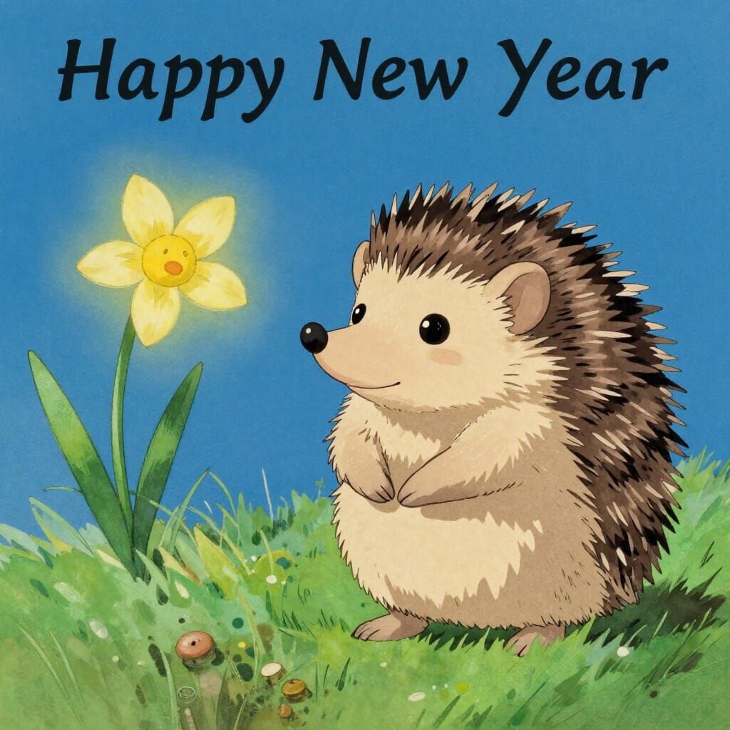 Cute Hedgehog Greets New Year in Chagall and Ghibli Style