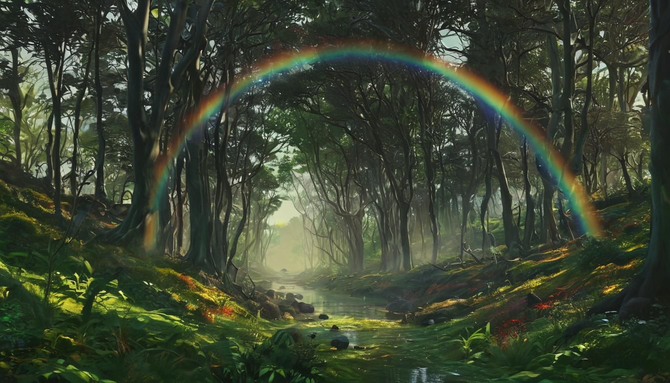 Surreal Rainbow Descends on Vibrant Forest