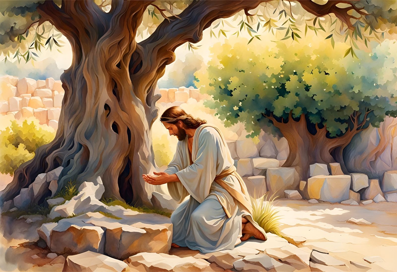 Jesus Praying in Gethsemane: Watercolor Splash Art
