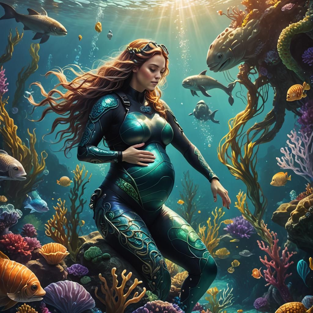 Pregnant Woman Underwater with Mermaid in Fantasy Art