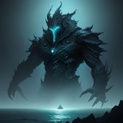 Bioluminescent Water Demon in Misty Ocean Depths