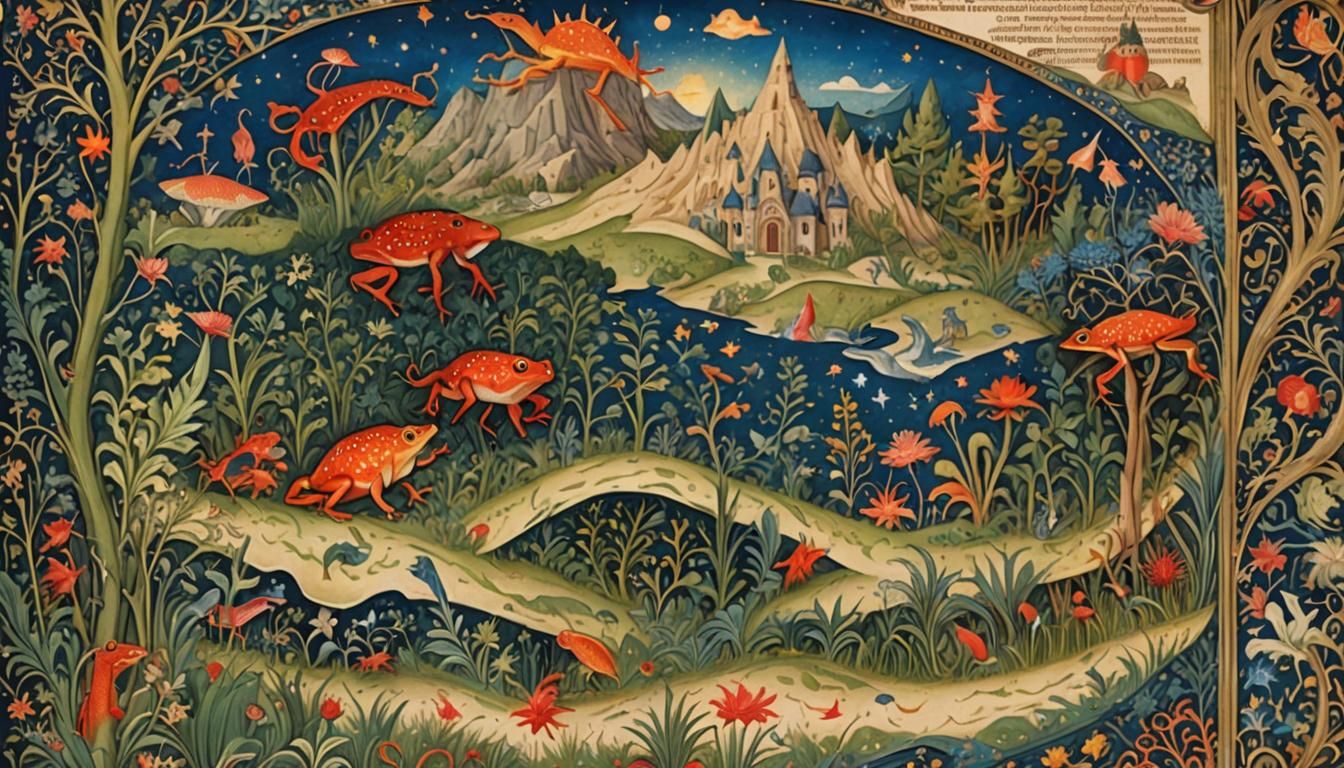 Medieval Manuscript Seaside Scene with Astral Elements