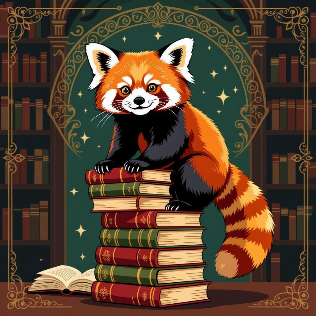 Vintage Red Panda Balances on Books in Art Deco Library