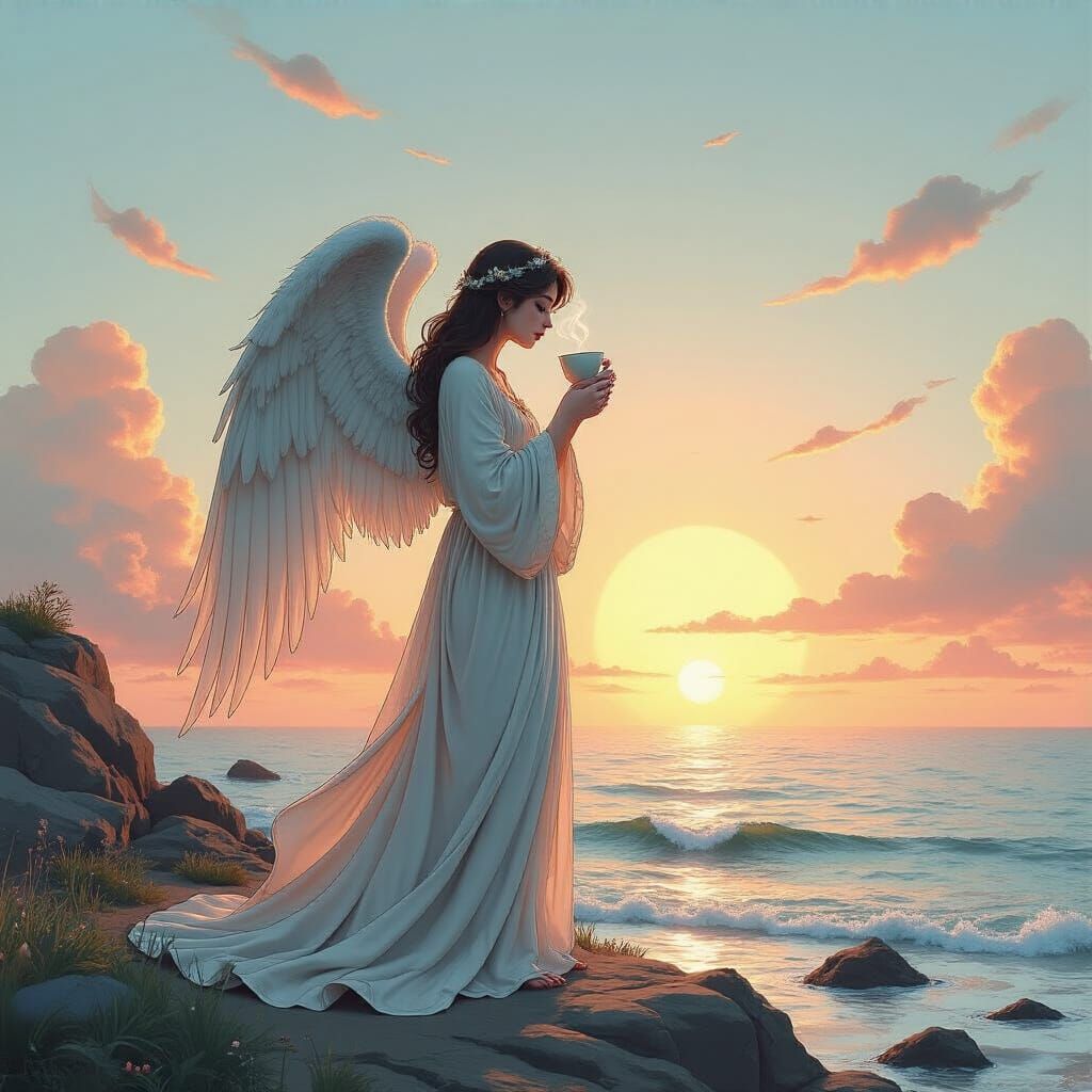 Elegant Angel Sipping Coffee at Sunrise