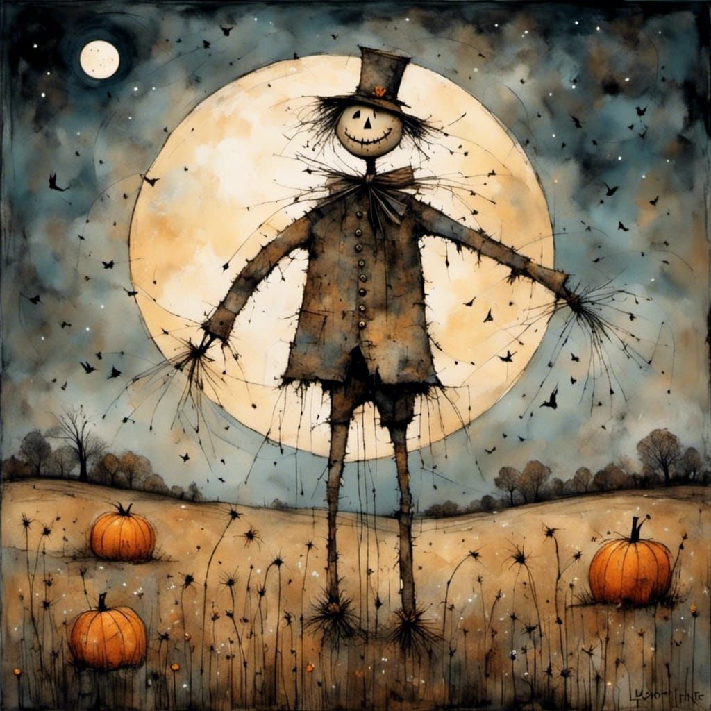 Creepy Scarecrow in Moonlit Field with Glowing Smile