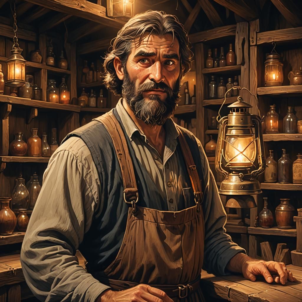 Medieval Shopkeeper with Lantern: Digital Illustration