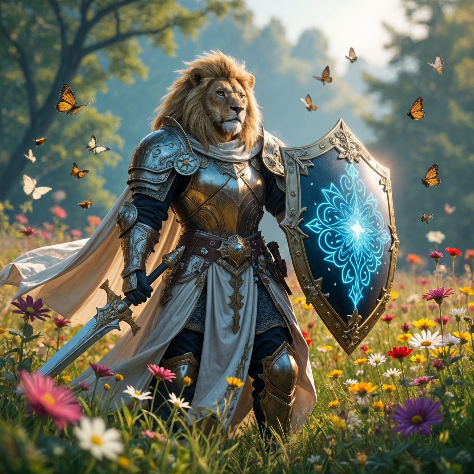 Lion Knight in Wildflower Field: Detailed Digital Art