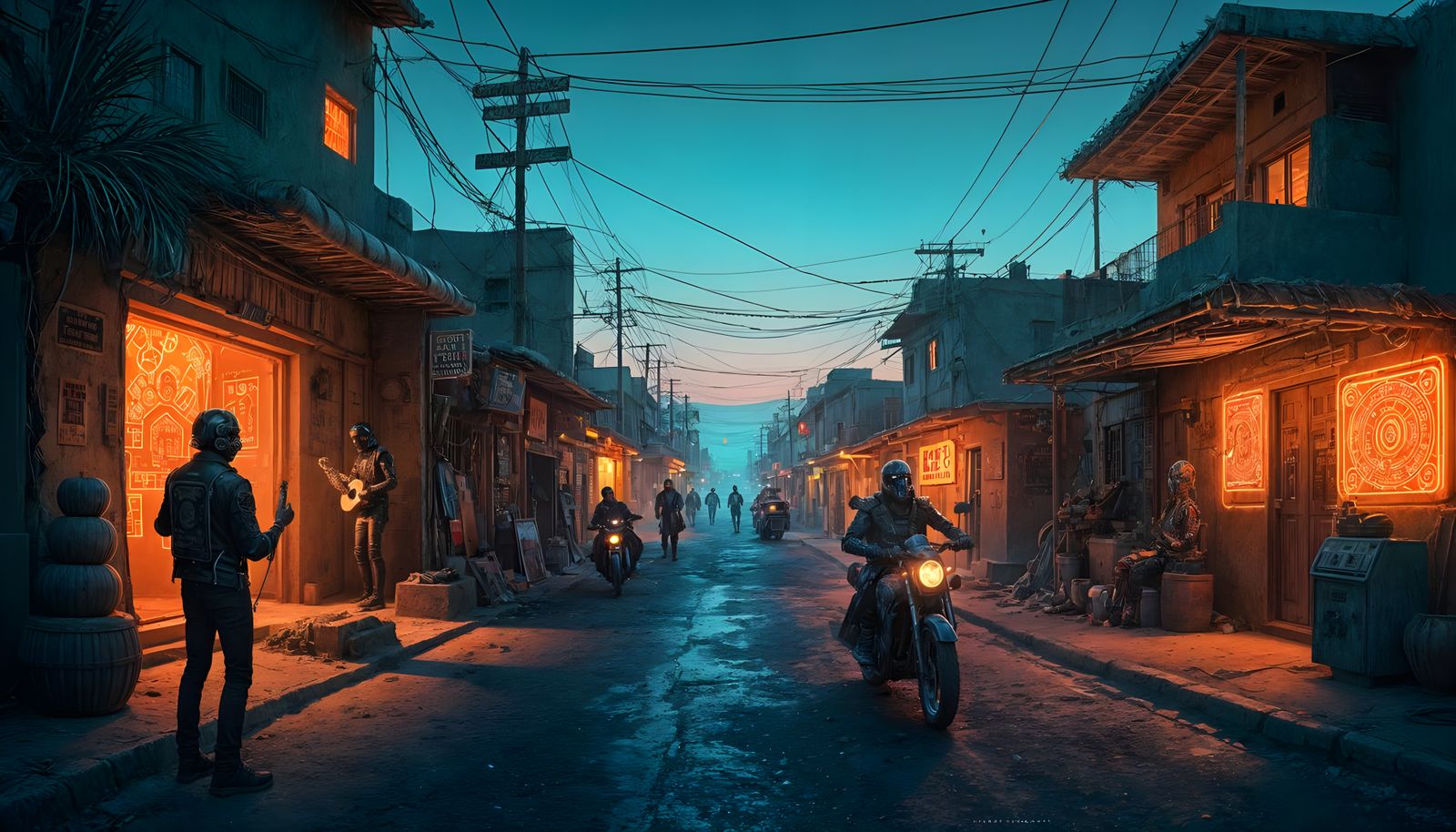 Cyberpunk Mexican Village at Dusk: Neon and Tradition