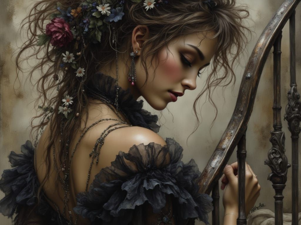 Victorian Princess on Gothic Staircase Matte Painting