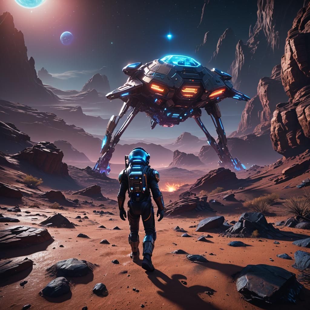 Spaceship Landing on Alien Planet in 3D Style