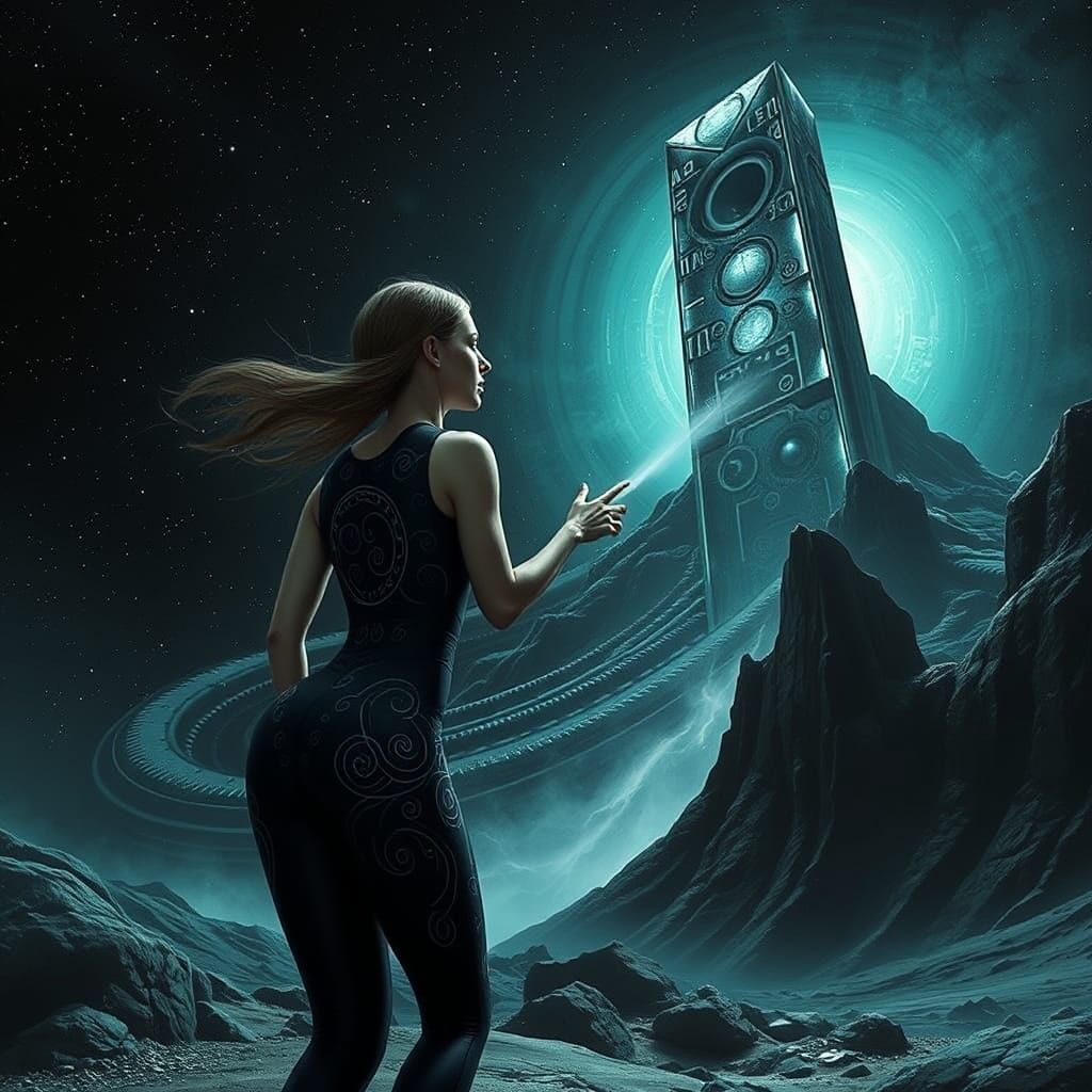 Woman's Cosmic Journey Through Monolith Portal