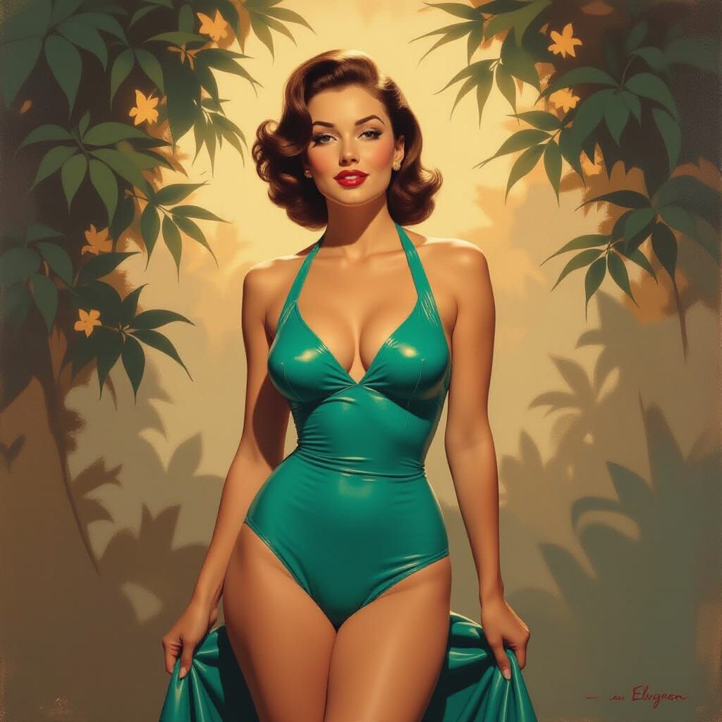 1950s Pin-Up in Latex Bikini, Impressionist Style