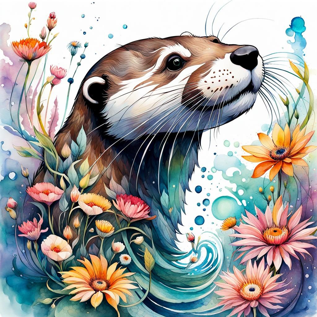 Cute Otter in Spiraling Floral Watercolor Summerscape