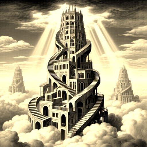 Impossible Tower Ascends to Clouds in Surreal Art Style