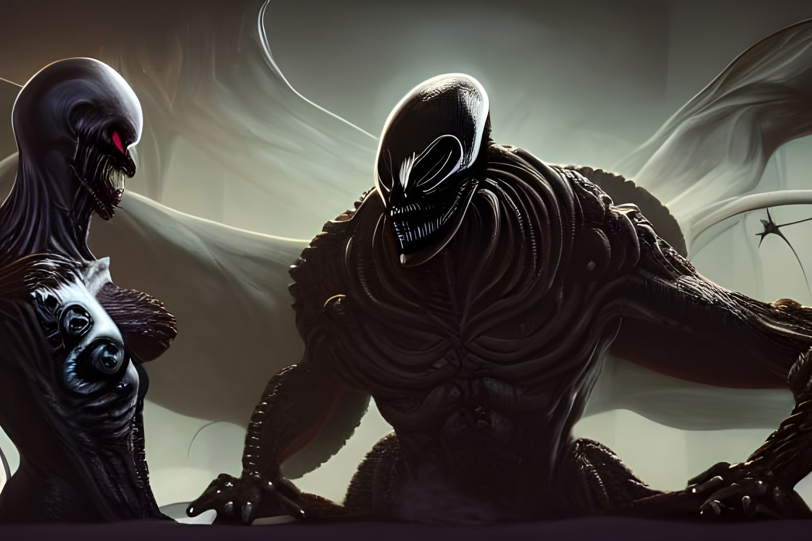 Symbiote, Cenobite, and Xenomorph in a Bar, Detailed Paintin...