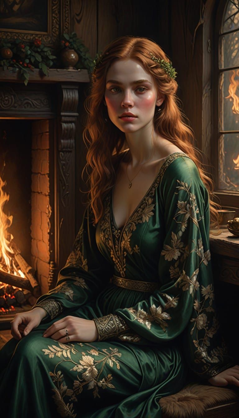 Nordic Beauty by the Fire in a Grand Hall
