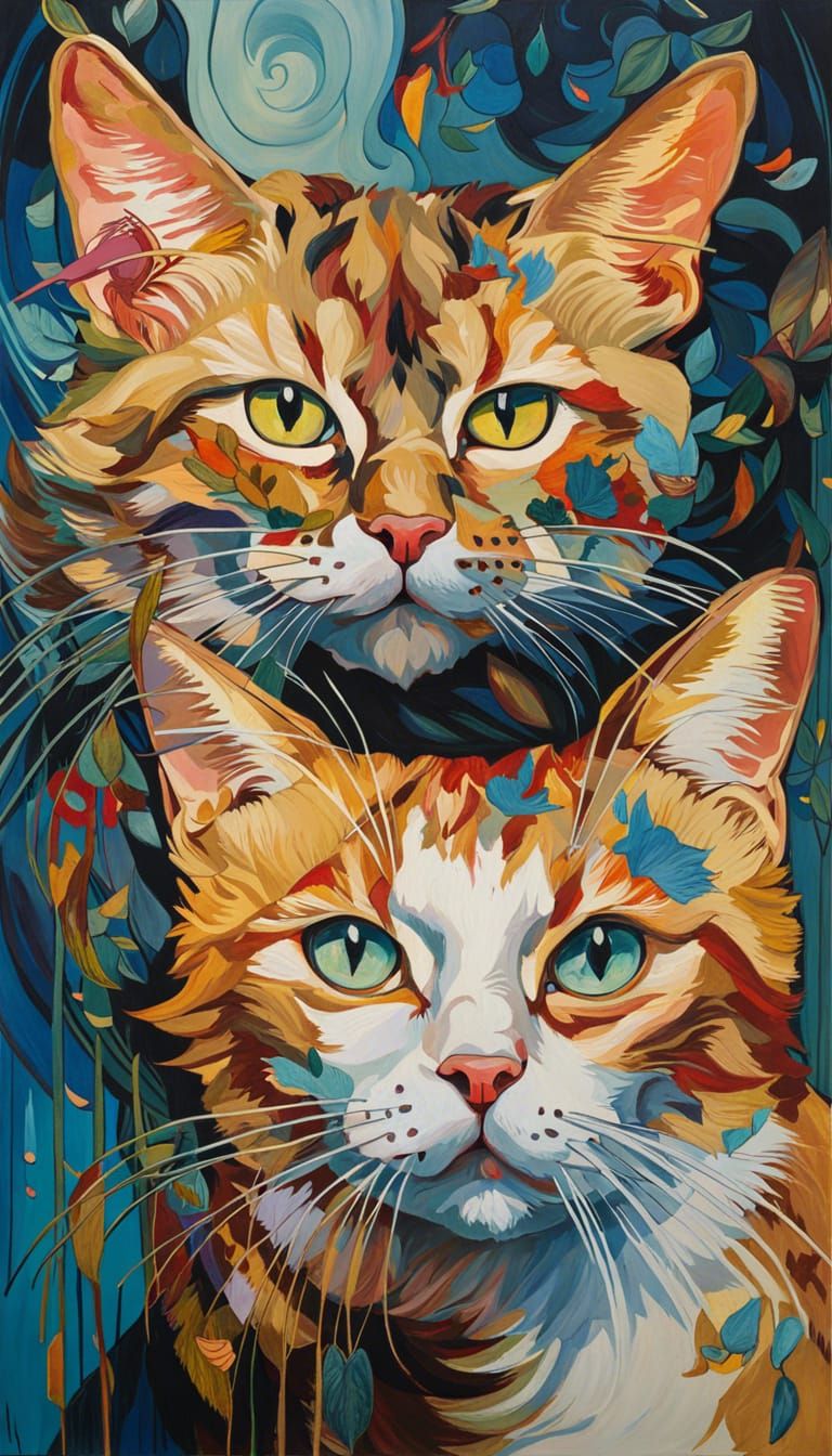 Maximalism, oil painting portrait of Cats
