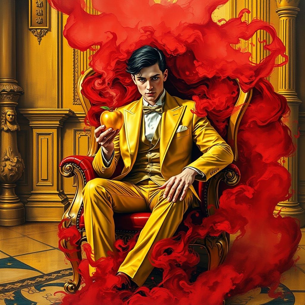 Golden Figure in Crimson Mist: Gouache Style Art