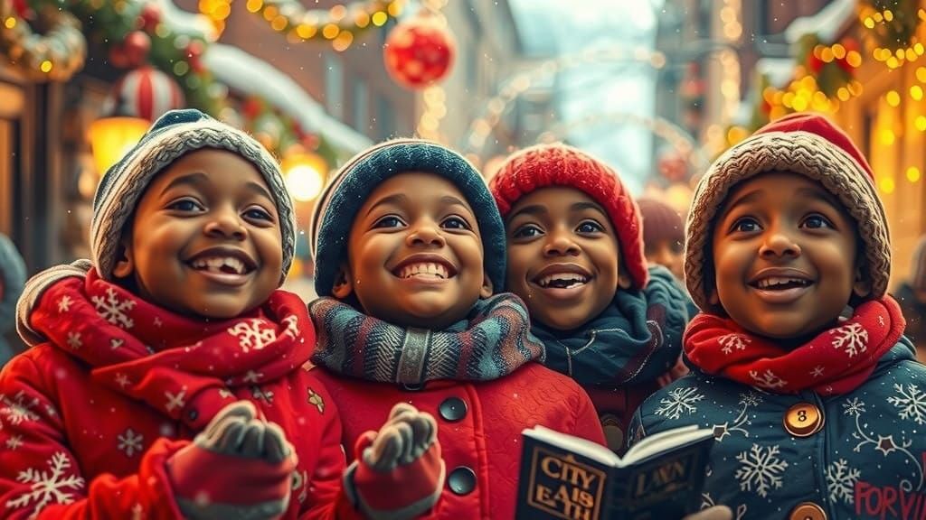 Joyful African American Children Sing Christmas Carols Under...