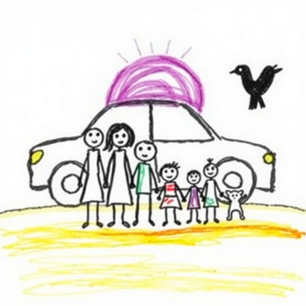 Crude Crayon Drawing of Stick Figure Family