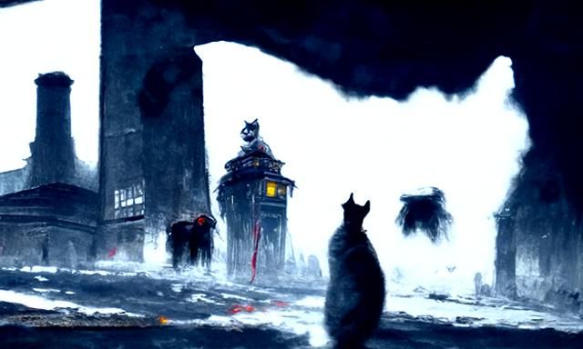 Sinister Battersea Cat's Home in Dark Fantasy Style