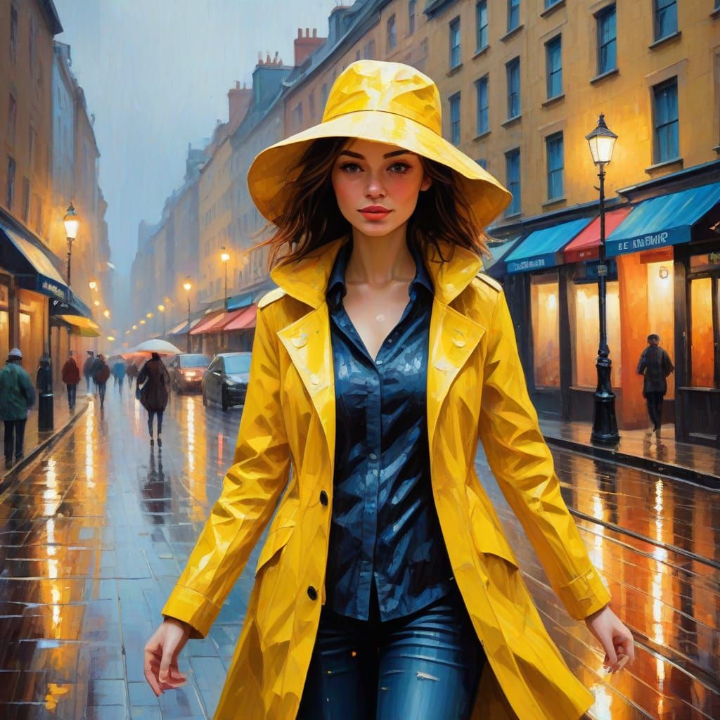 Vibrant Woman in Yellow Raincoat Dancing in the Rain, Neo-Ex...