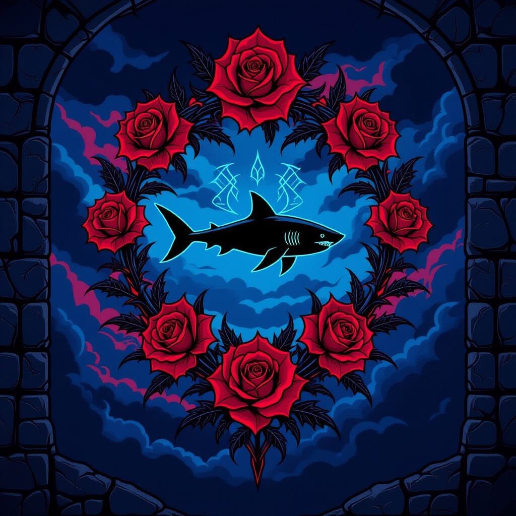 Gothic Family Crest with Shark and Roses in Dark Fantasy Sty...