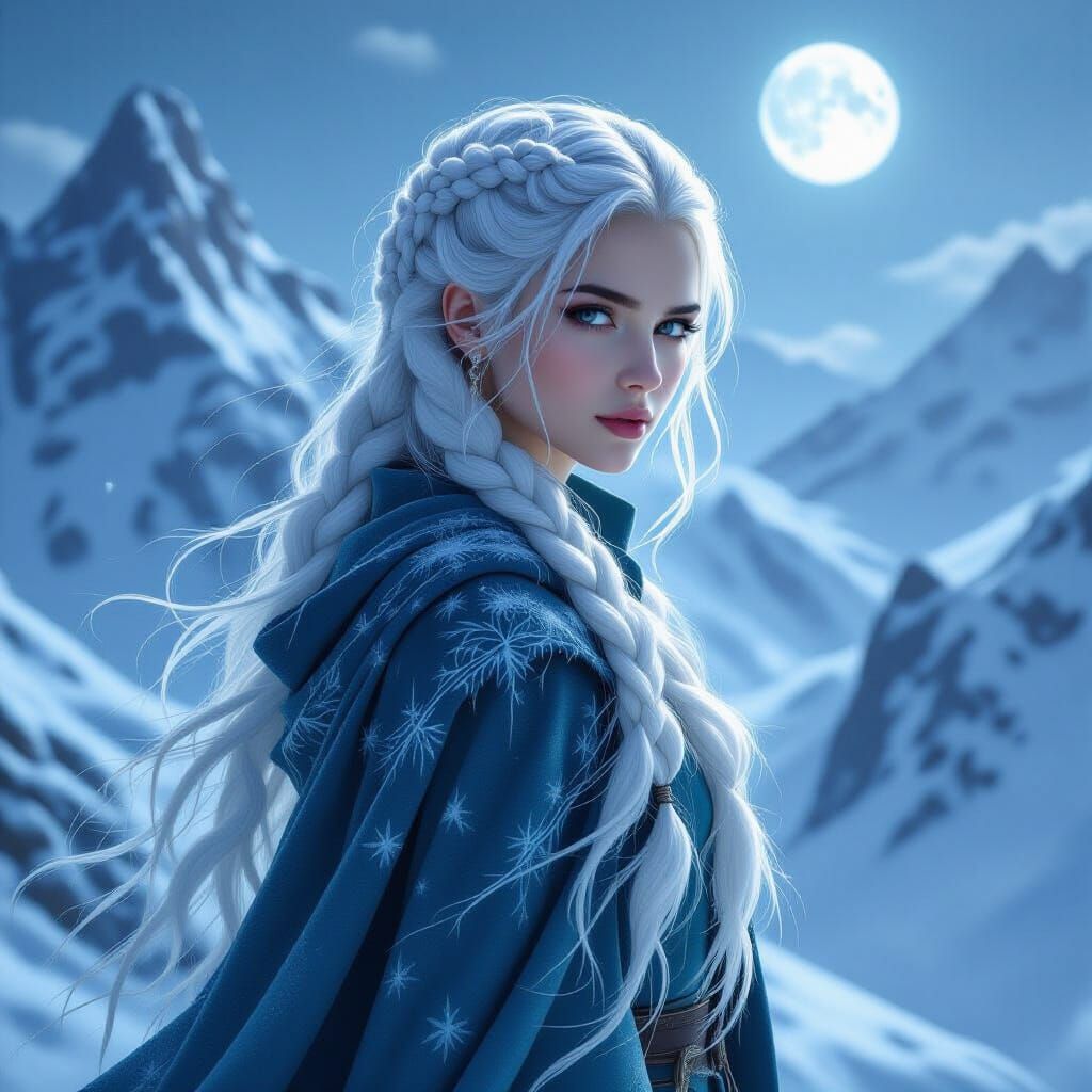 Starlight Cloaked Woman on Windswept Peak