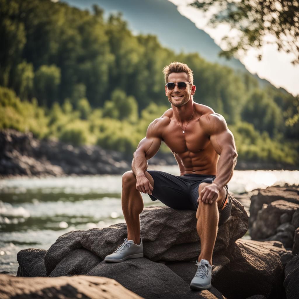 Muscular Man with Sixpack Relaxing by River