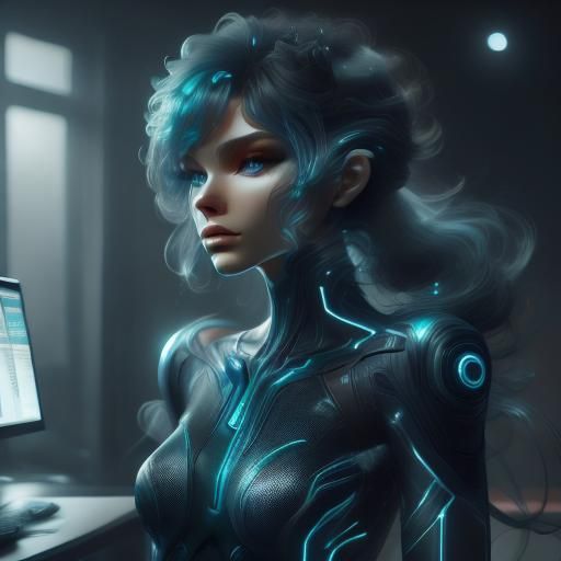 Cyberpunk Woman Gazing at Ethereal World