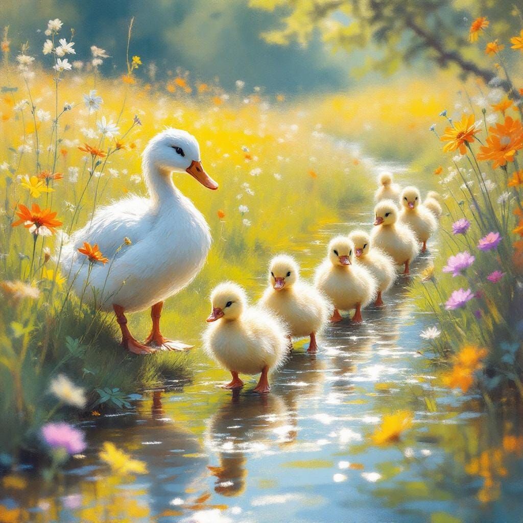 Duck Family in Sunlit Meadow, Impressionistic Style
