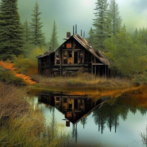 Watercolor Splash Art of Abandoned House in Woods