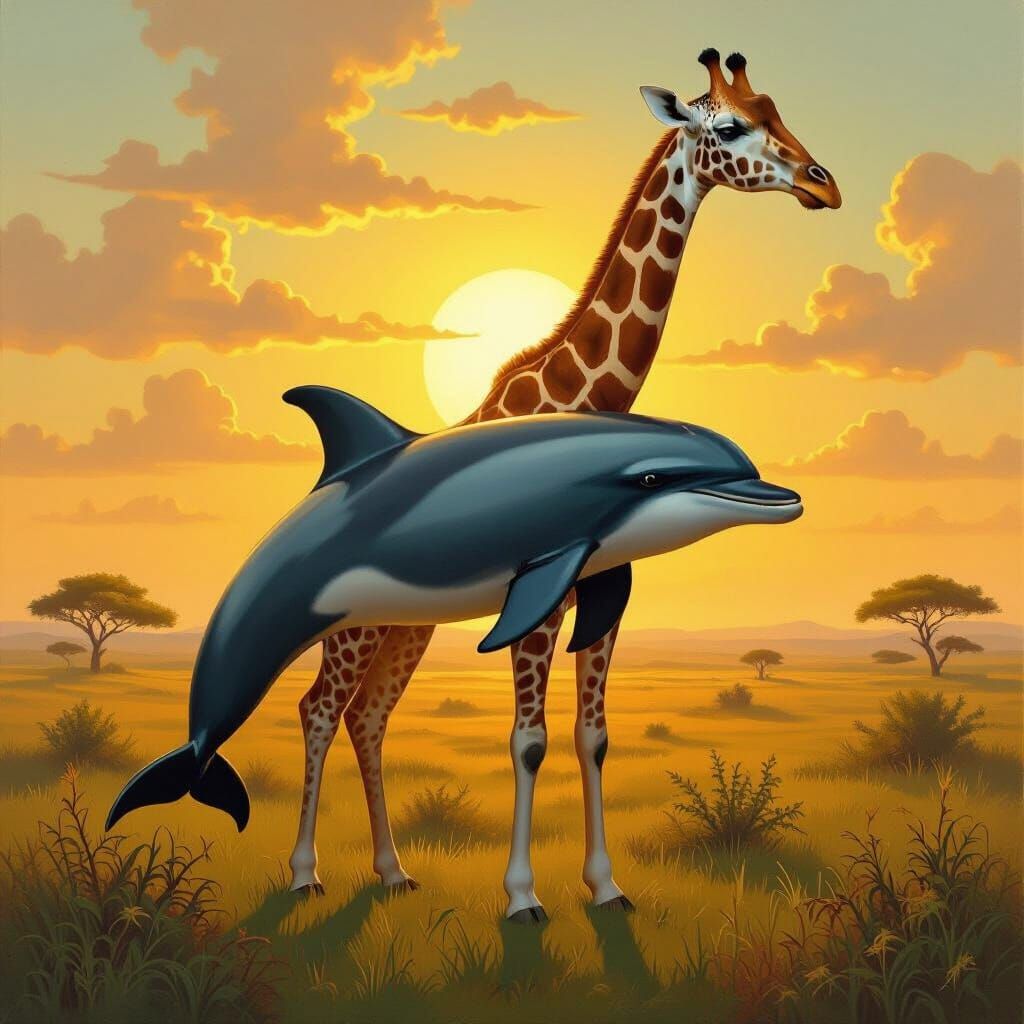Surreal Dolphin-Giraffe Hybrid on Savanna Oil Painting