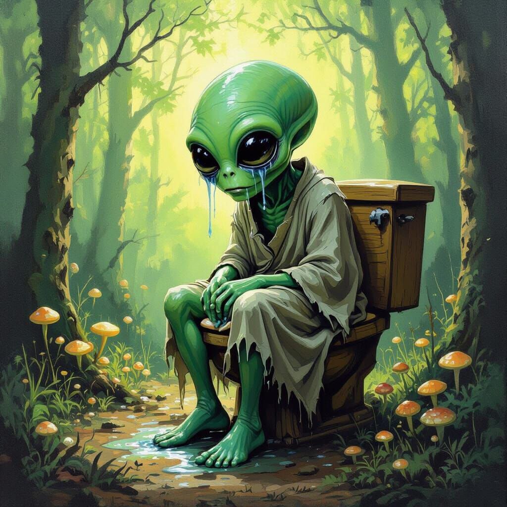 Melancholy Alien on Toilet in Forest