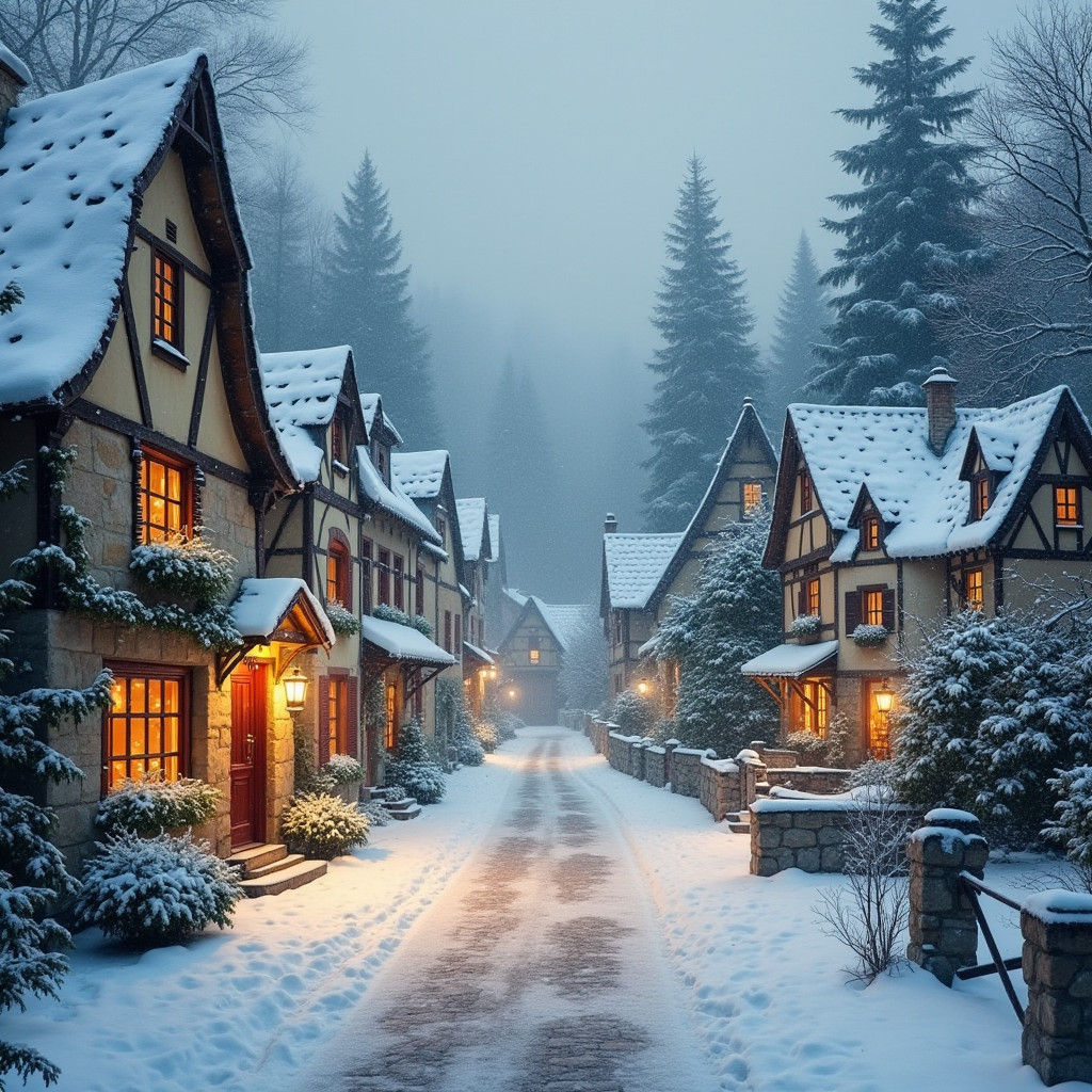 Christmas Snowfall in Quaint French Village