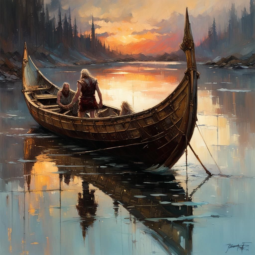 Viking Longboat Reflecting on Lake at Sunset