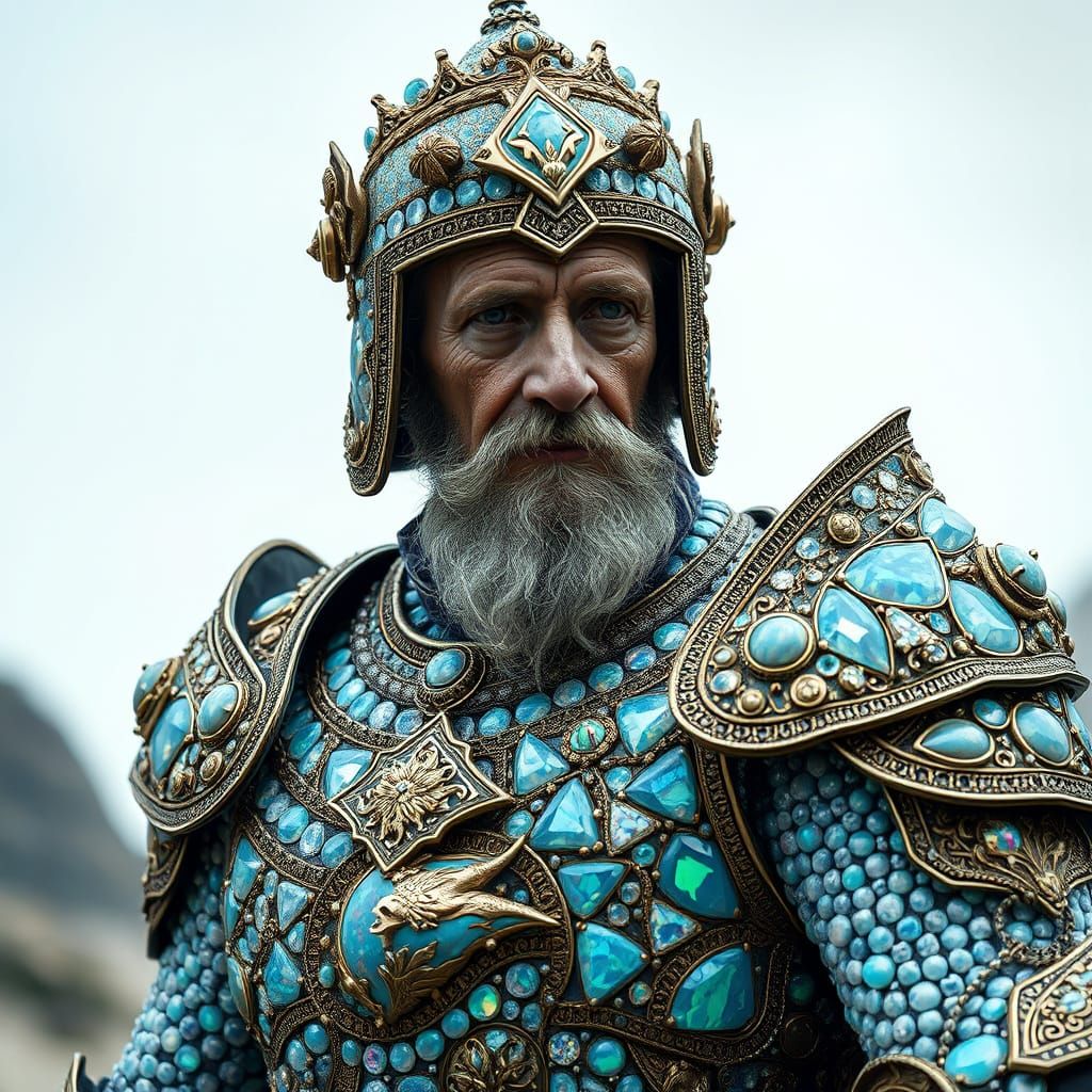 Ornate Opal Armour on Elderly Man: Wide-Angle Photography