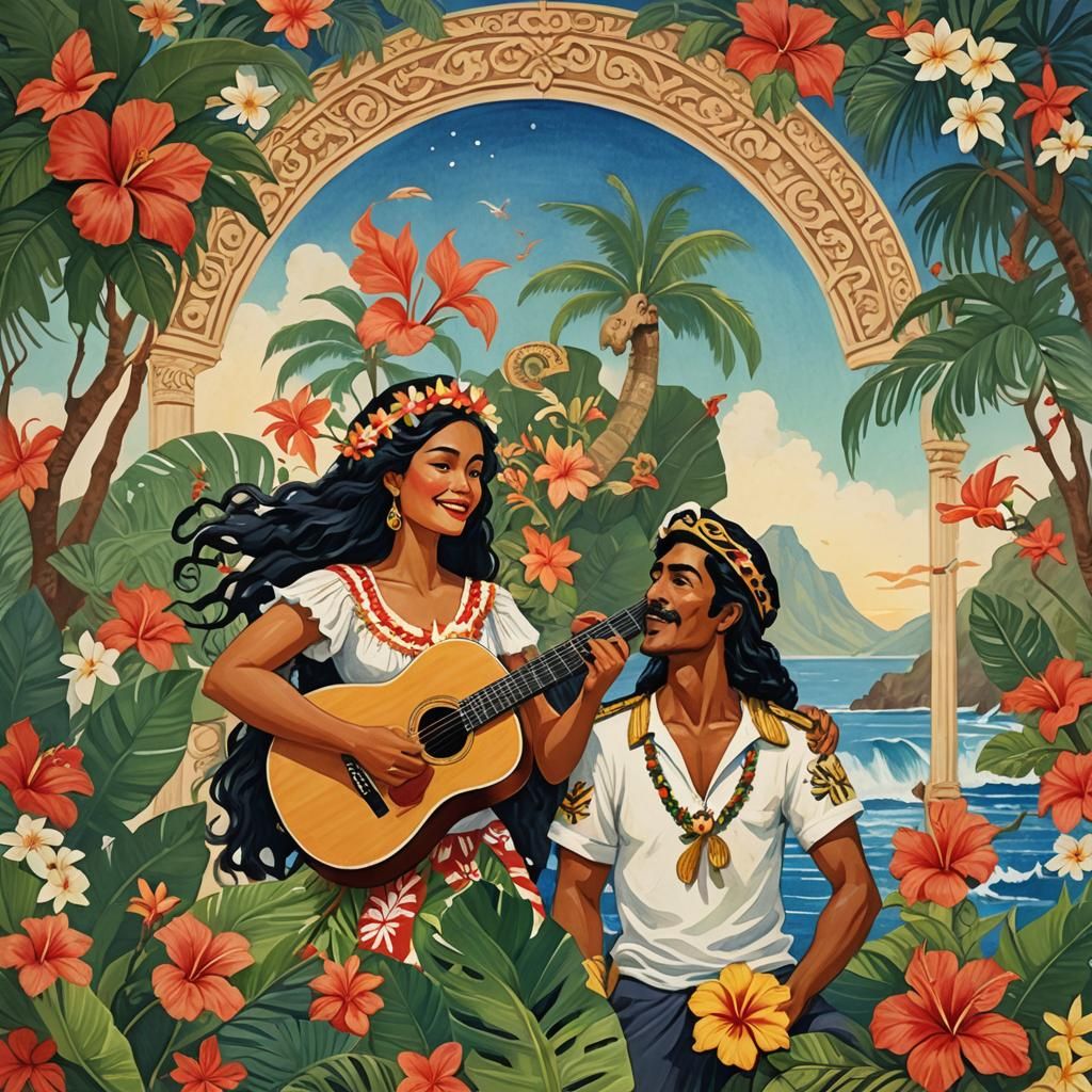 Hawaiian Goddess and Sailor Duet: Gouache Painting