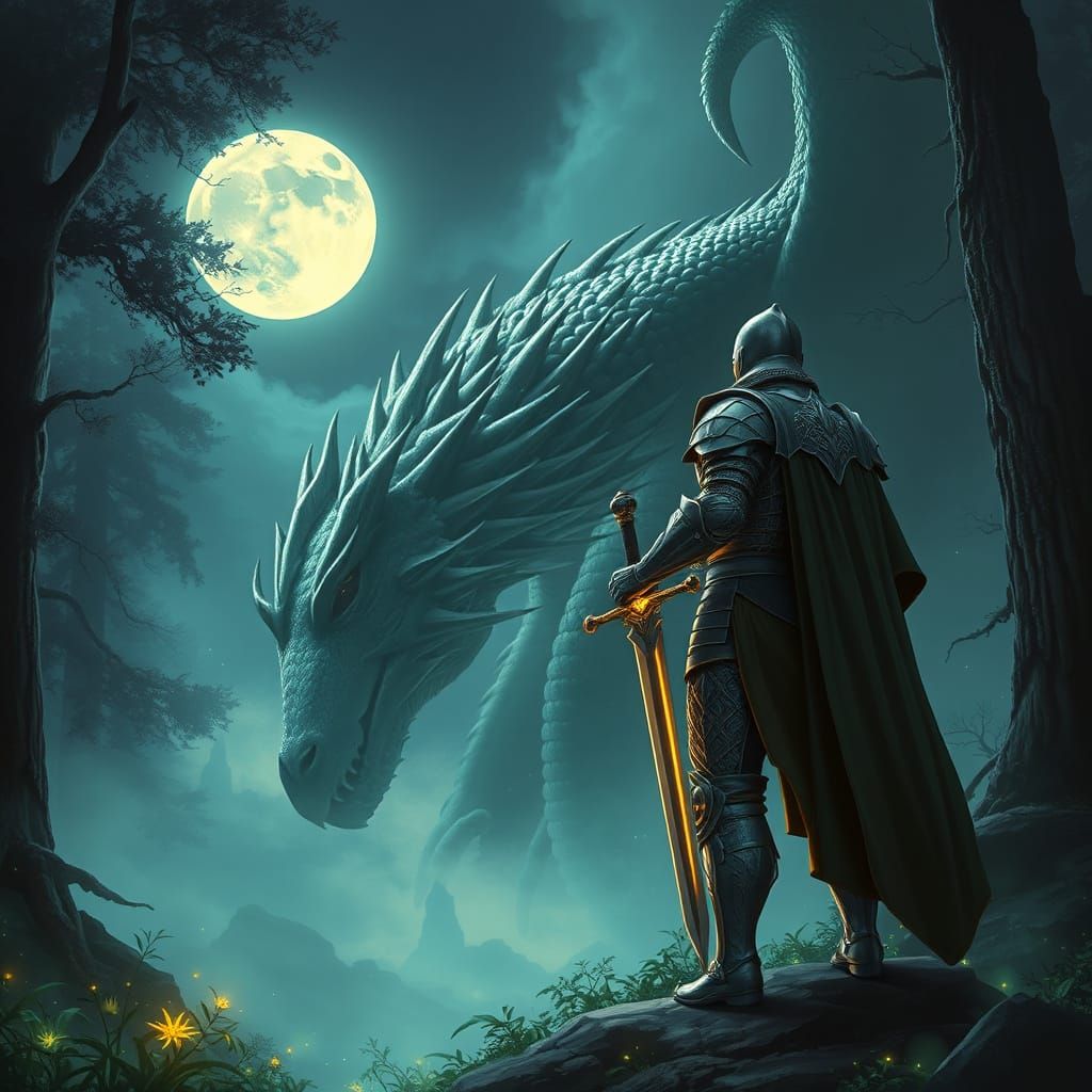 Knight and Dragon in Moonlit Forest