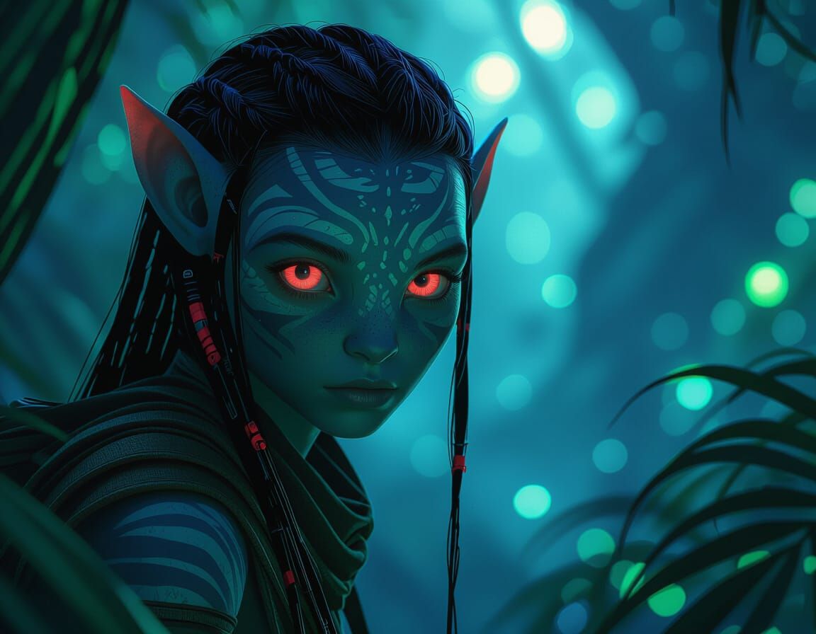Na'vi Spy Girl with Neon Red Eyes in Bioluminescent Forest