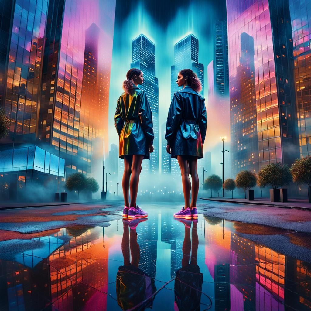 Mirrored Cities: Surreal Oil Painting in Triadic Colors