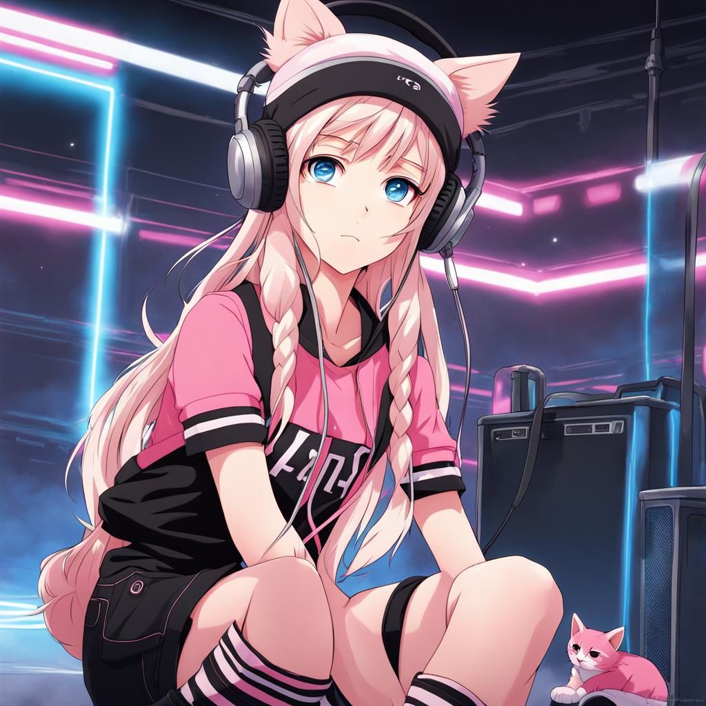 Anime Girl with Pink Cat Beanie and Headphones